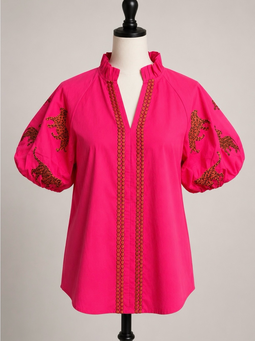 JODIFLWomen's Pink Embroidered Puff-Sleeve Blouse